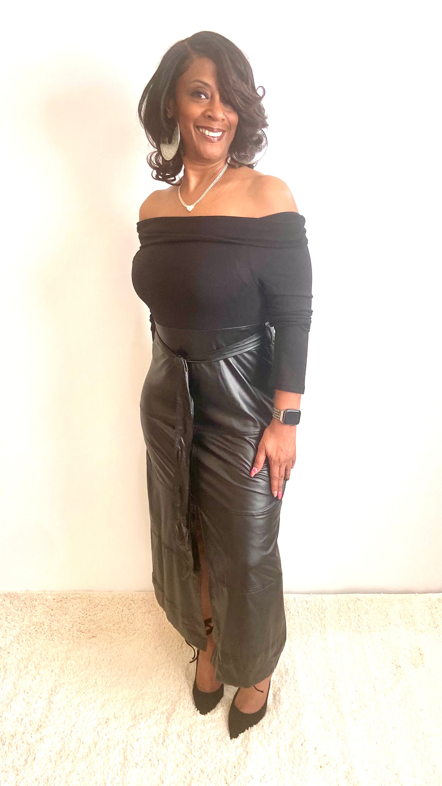 Off the shoulder faux leather dress