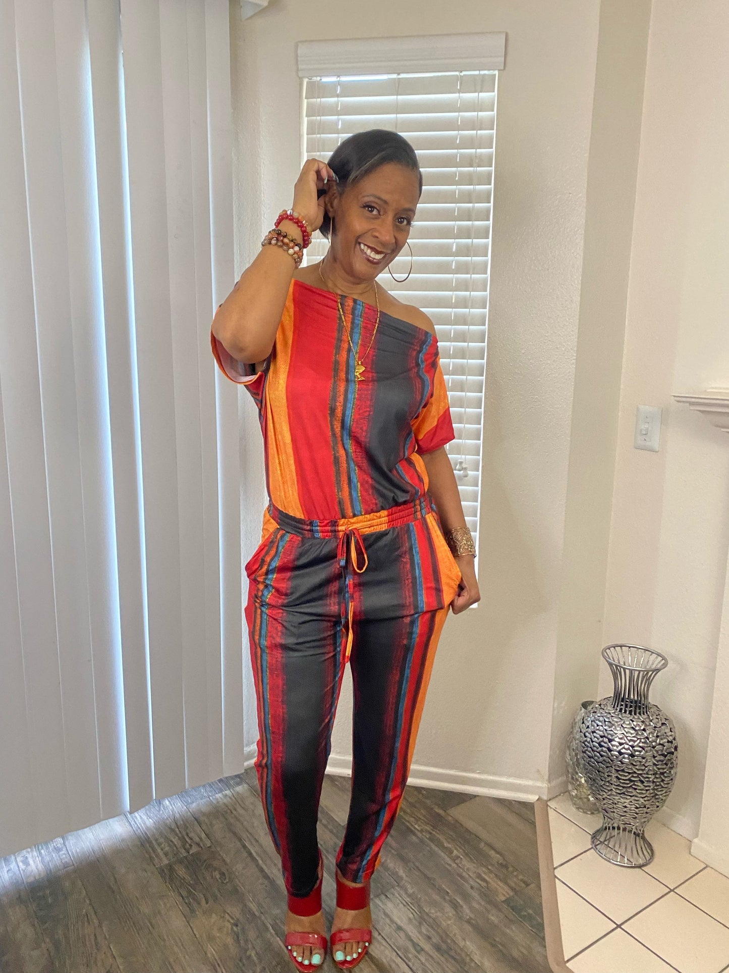 Striped off the shoulder jumpsuit