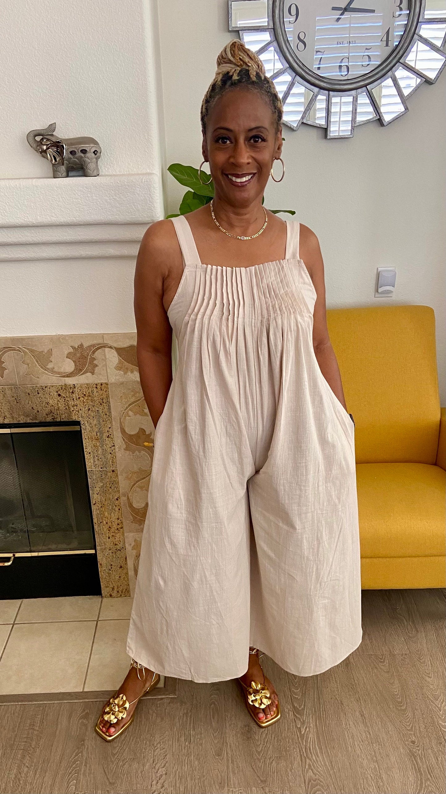 Square neck pleated front Jumpsuit
